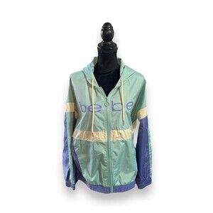 Bebe Sport Women's Hooded Windbreaker Track Jacket Size L Sage Green / Purple